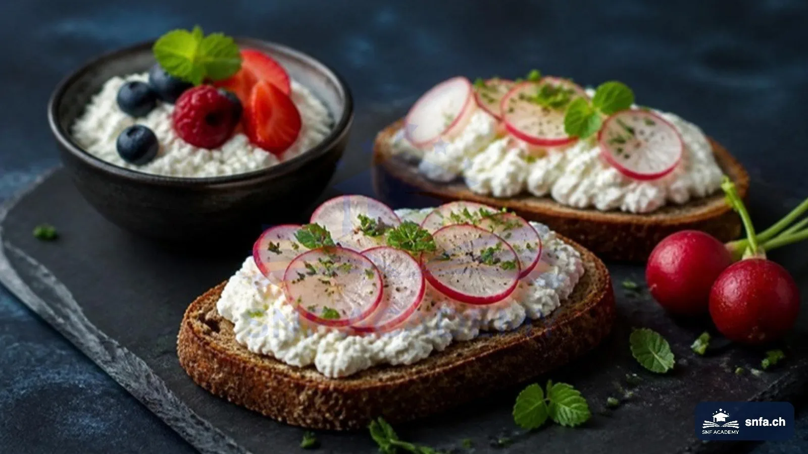 Cottage Cheese auf Vollkornbrot mit Radieschen und Kräutern, daneben eine Schale mit Beeren – SNF Academy