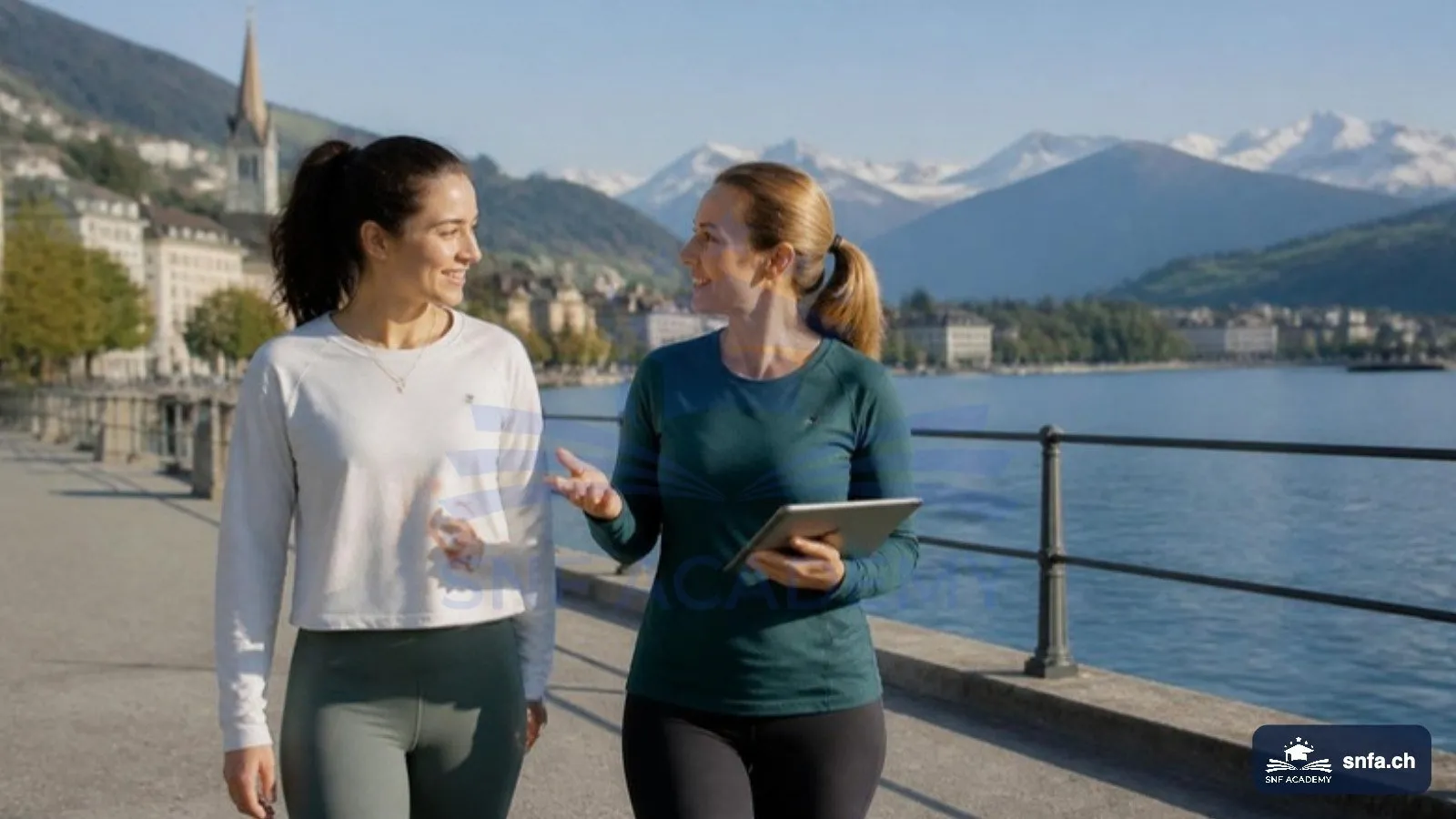 Wo kann man als Ernährungsberater arbeiten: Ernährungscoach mit Klientin an einer Seepromenade in der Schweiz – SNF Academy