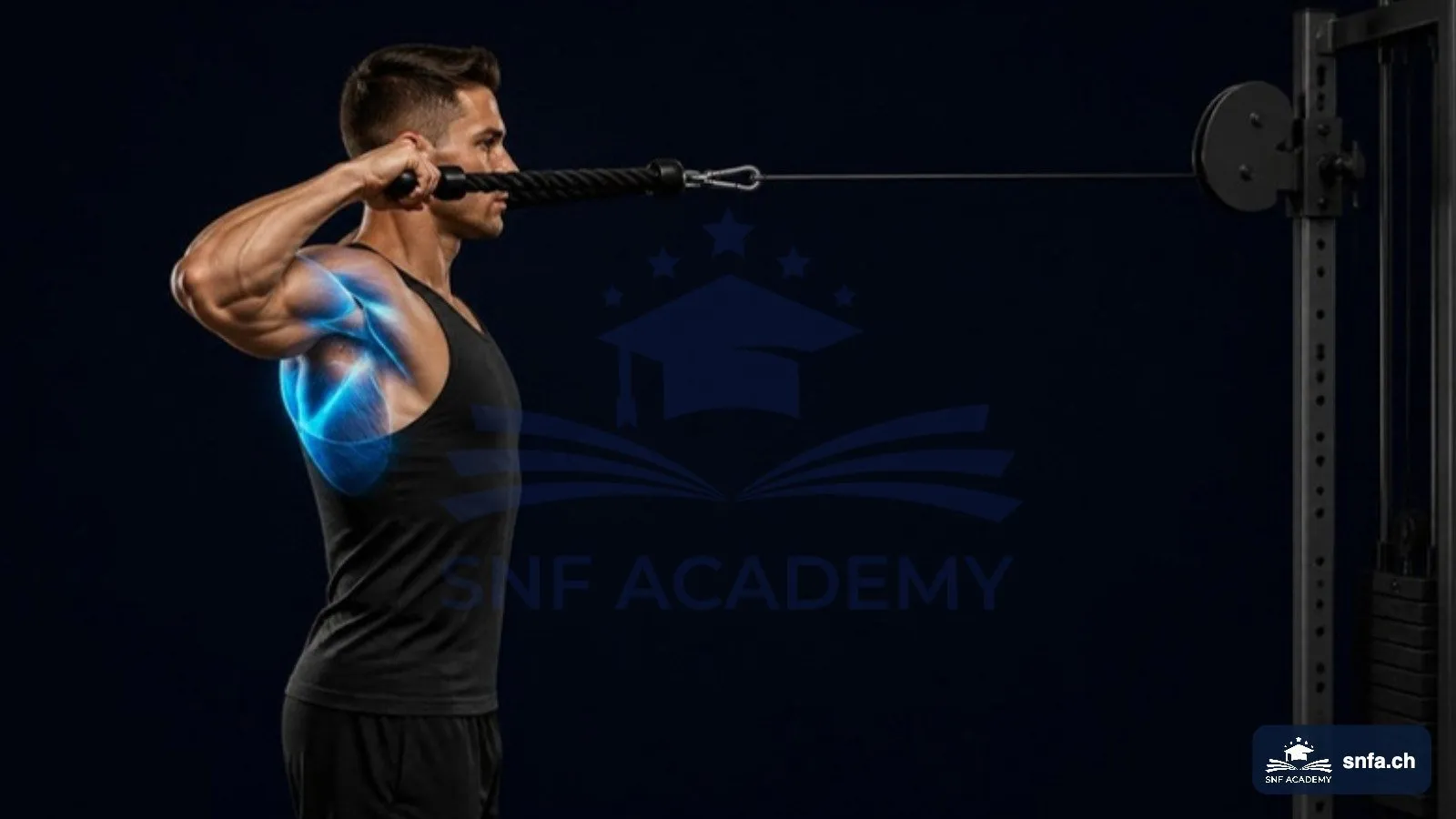 Face Pulls: hintere Schulter, Trapez und Rautenmuskeln beim Face Pull am Kabelzug blau hervorgehoben – SNF Academy