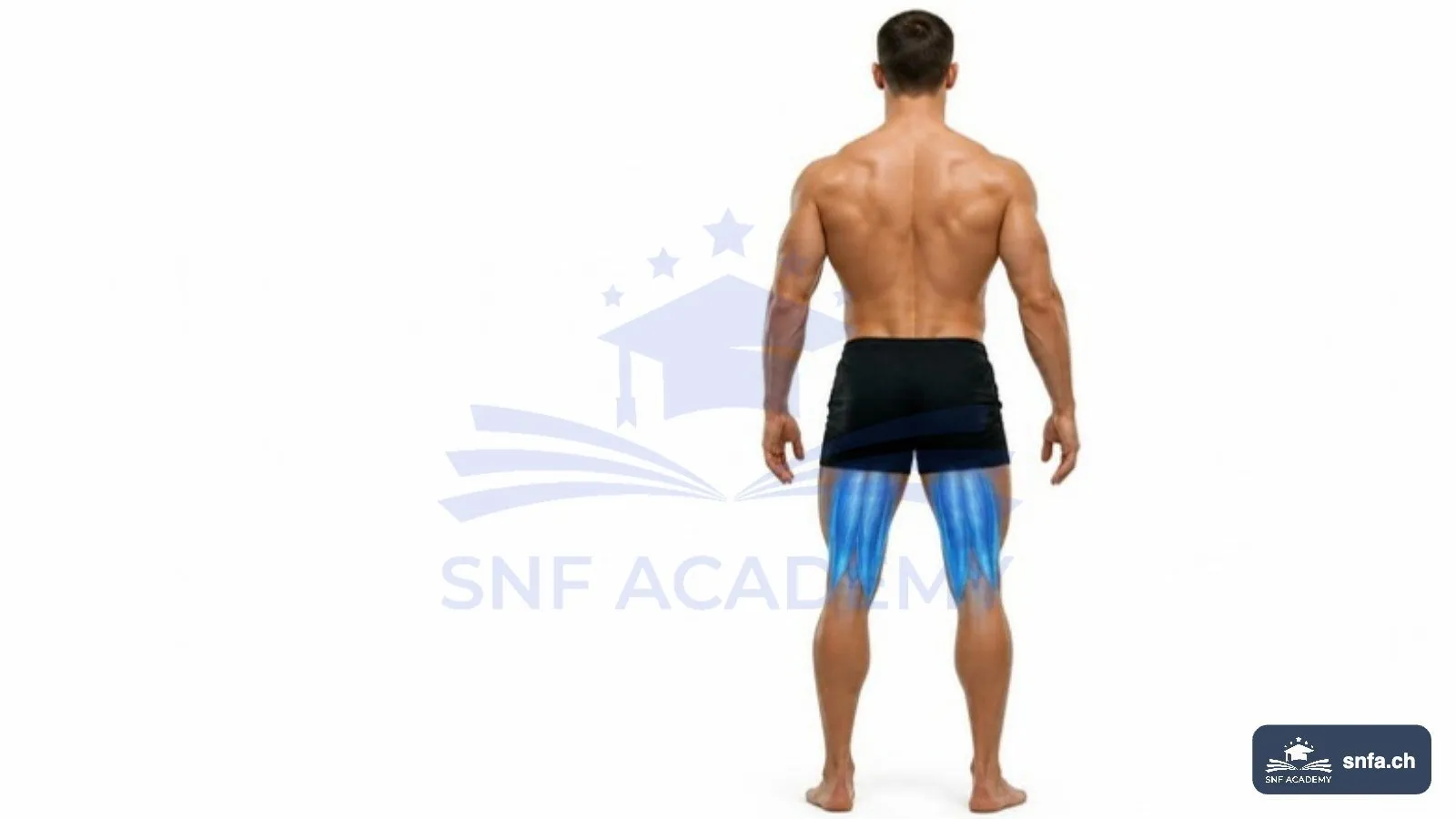 Hintere Oberschenkelmuskulatur von hinten: die Beinbeuger beidseits blau hervorgehoben – SNF Academy