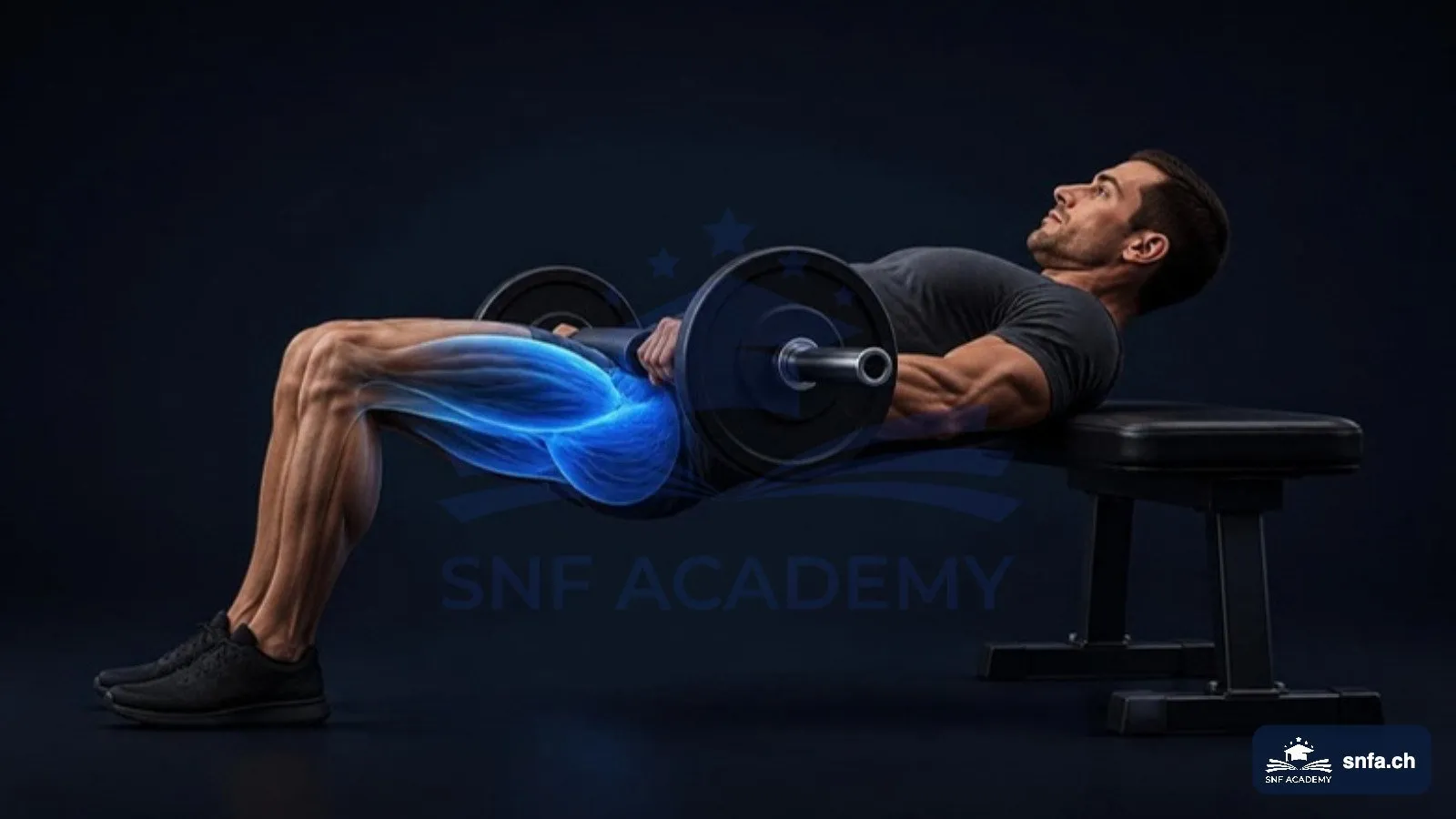 Hip Thrust Anleitung: Gesäss und Beinbeuger beim Hip Thrust mit Langhantel blau hervorgehoben – SNF Academy