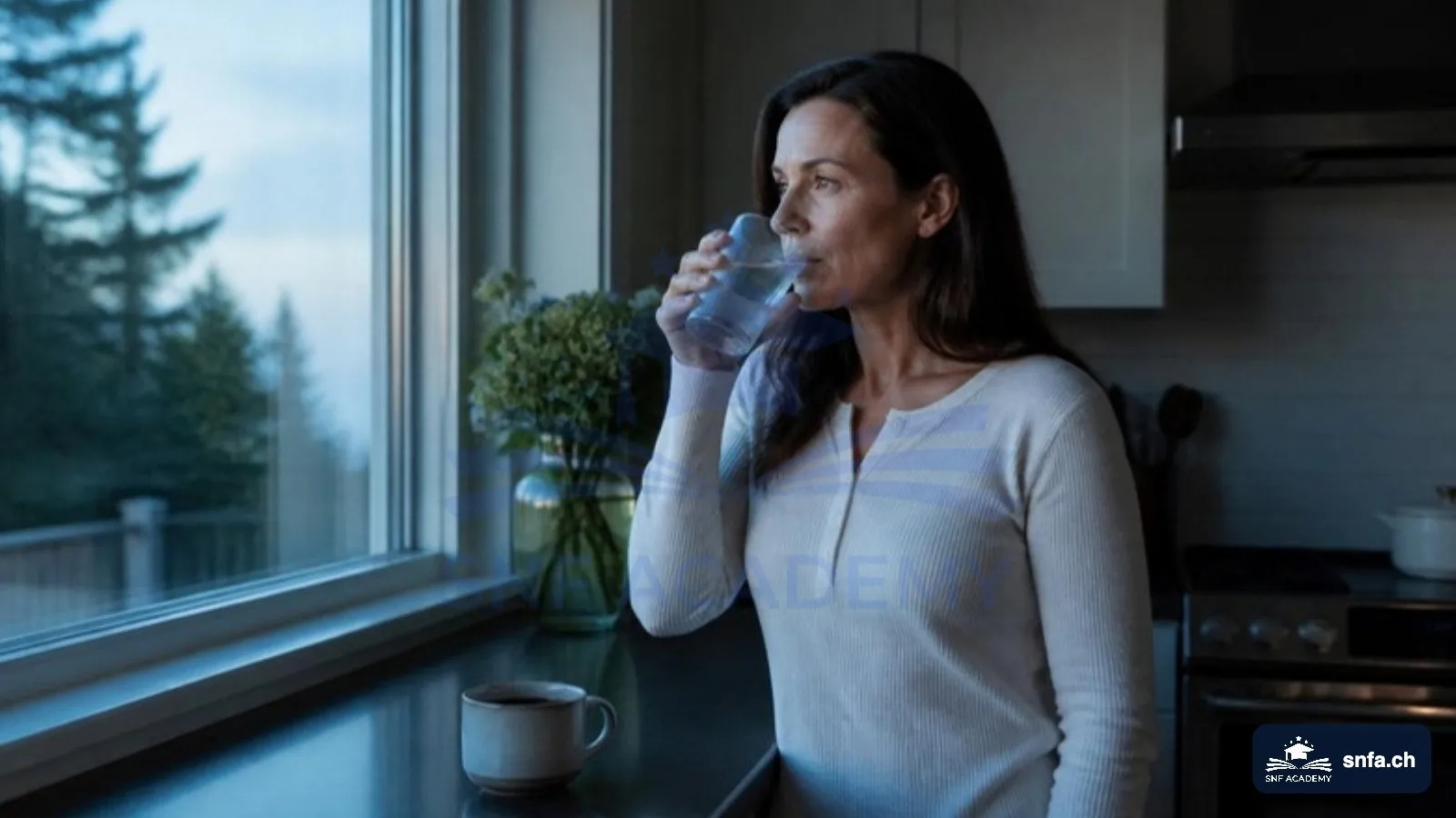 Intervallfasten: Frau trinkt am Morgen während der Fastenphase ein Glas Wasser in der Küche – SNF Academy