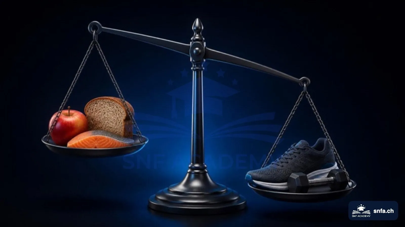 Kaloriendefizit: Waage mit Lebensmitteln auf der einen und Laufschuh und Hantel auf der anderen Seite – SNF Academy
