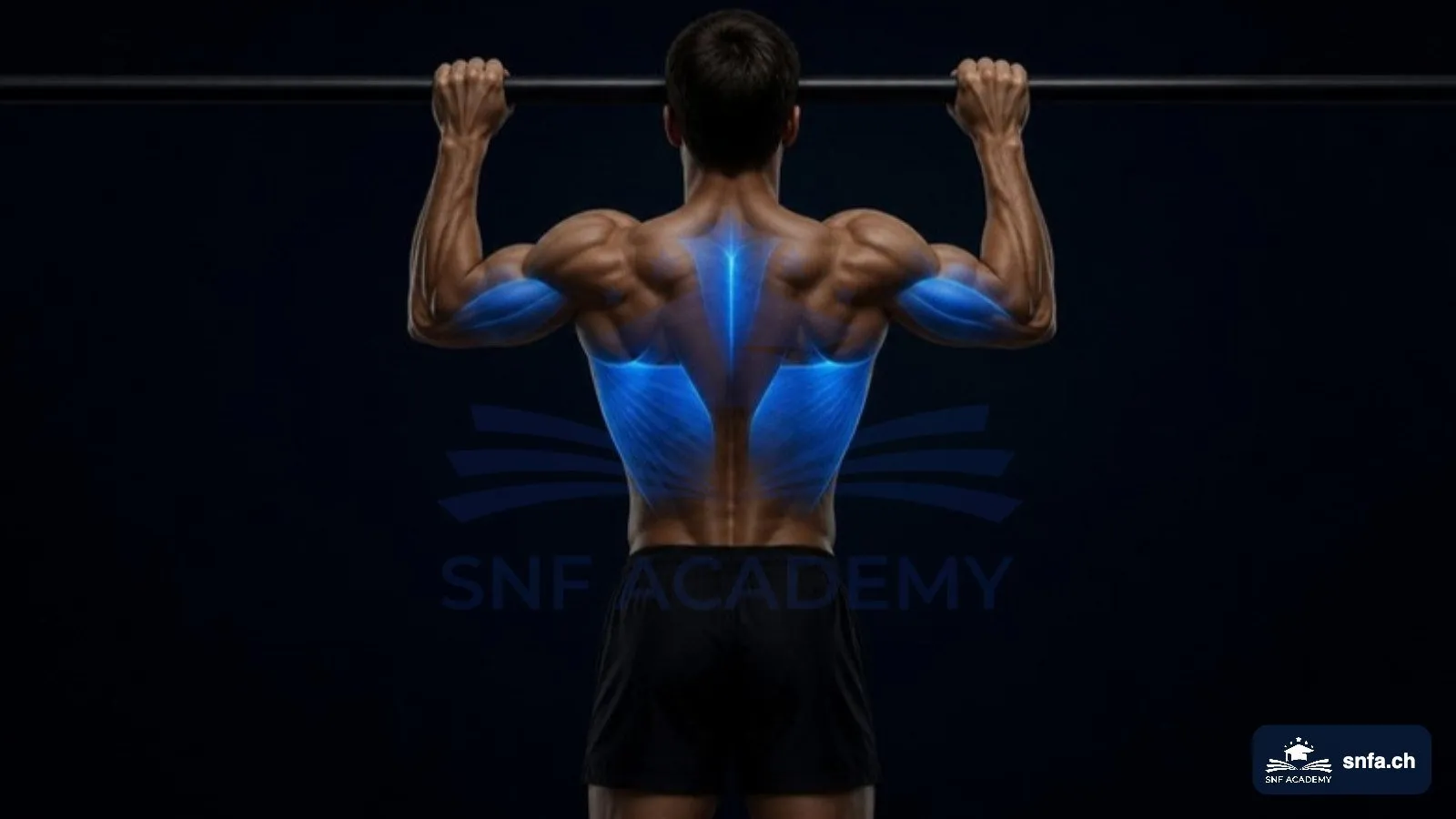 Klimmzüge: Latissimus, Trapez und Bizeps beim Klimmzug blau hervorgehoben – SNF Academy