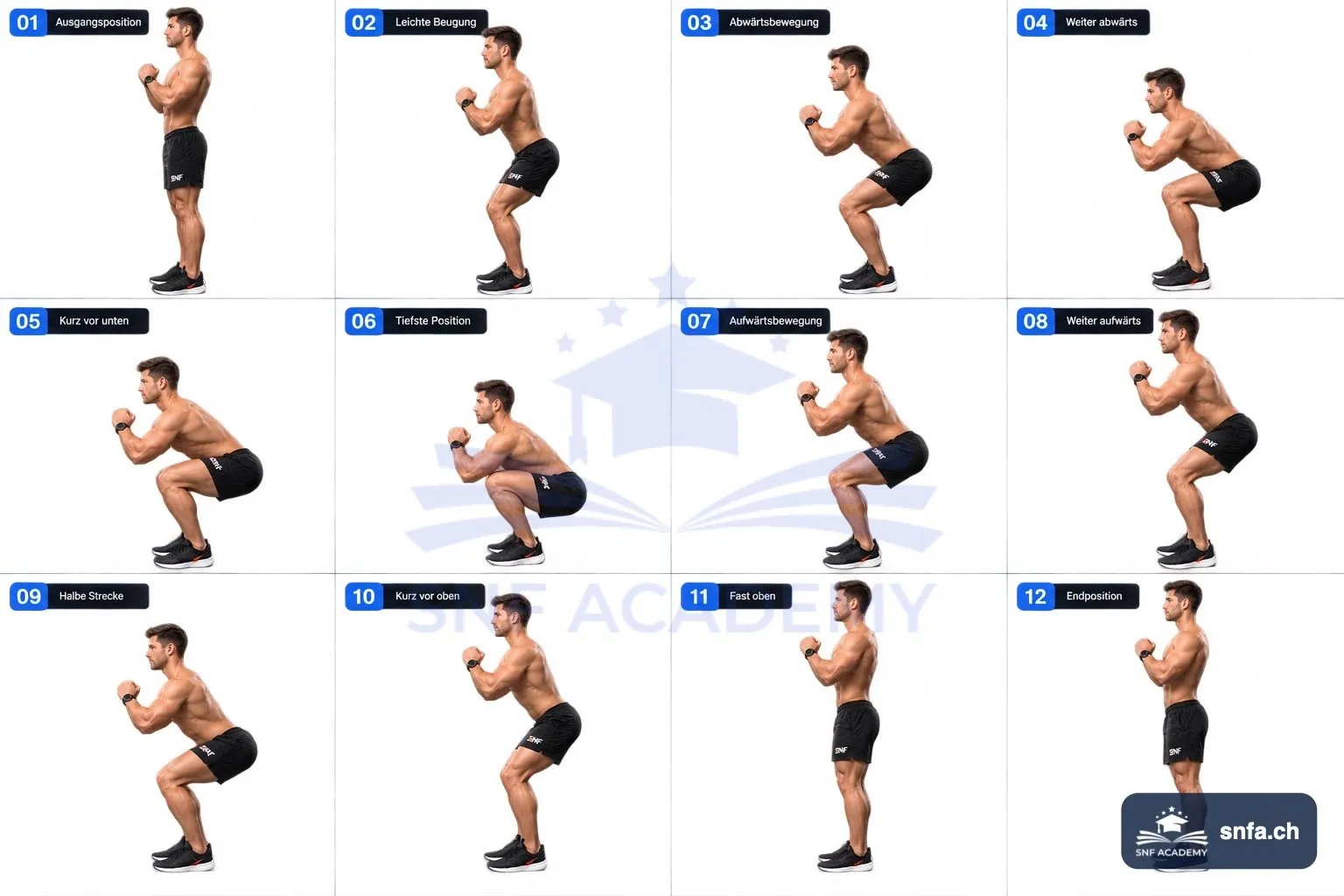 Kniebeuge in 12 Phasen von der Ausgangsposition über die tiefste Position bis zur Endposition – SNF Academy