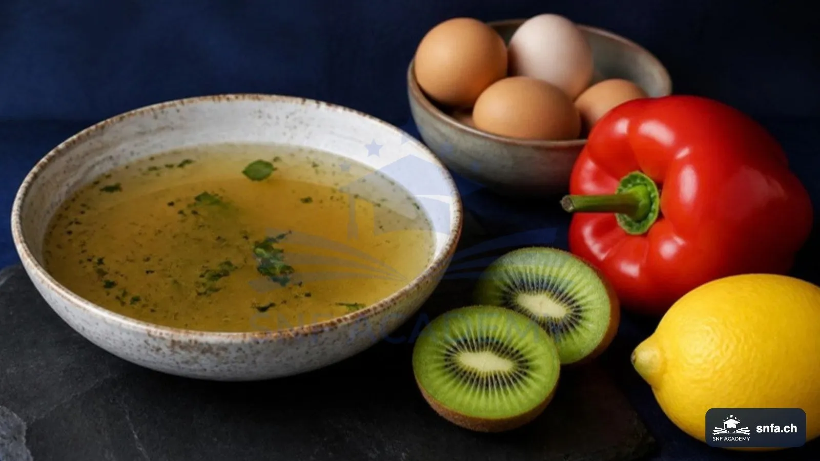 Kollagen-Bausteine aus der Ernährung: Knochenbrühe mit Eiern, Peperoni, Kiwi und Zitrone – SNF Academy