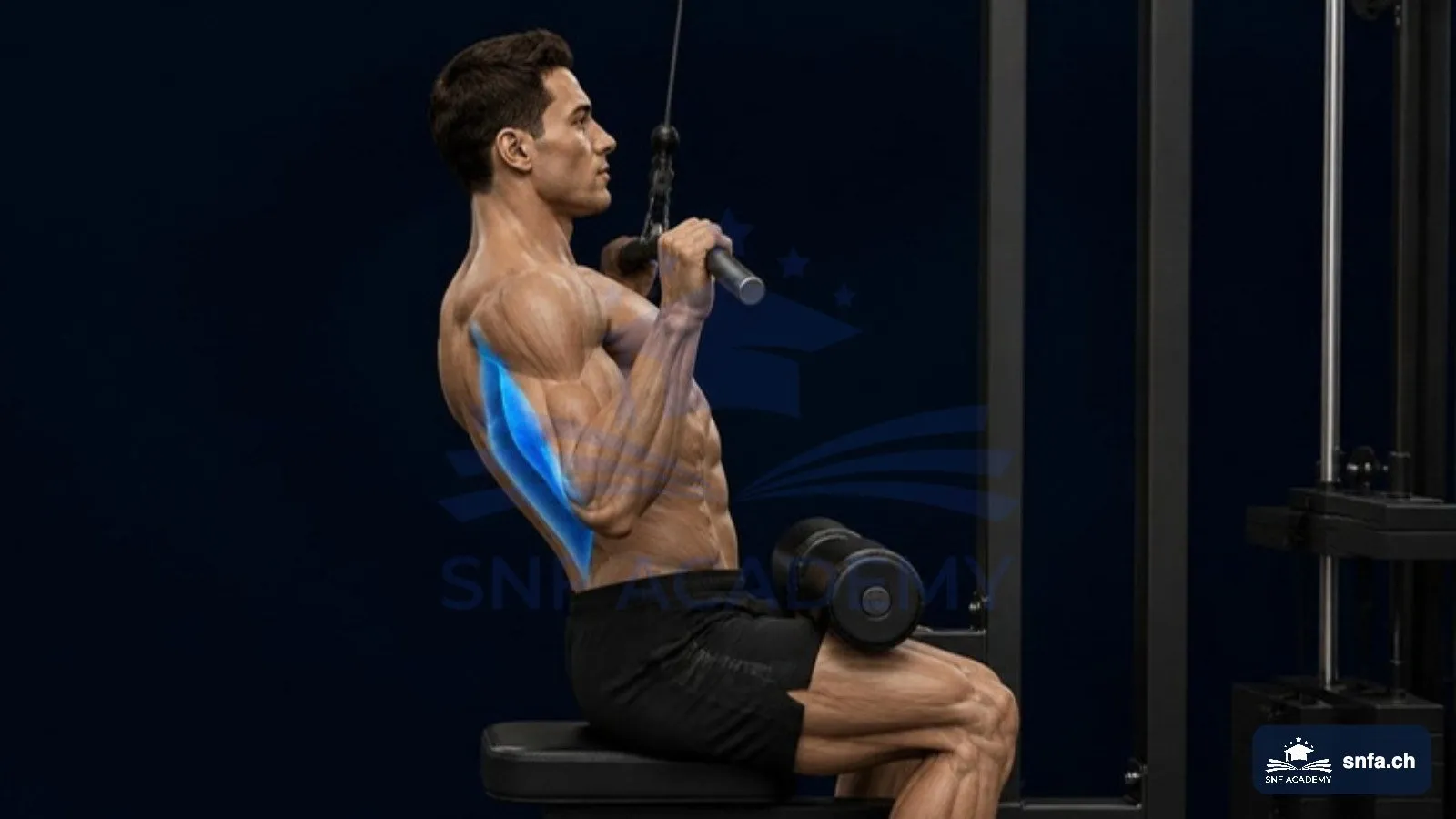 Latzug zur Brust: Latissimus und grosser Rundmuskel blau hervorgehoben – SNF Academy