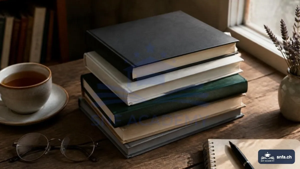 Longevity Bücher: Stapel Sachbücher neben Tee und Brille auf einem Holztisch – SNF Academy