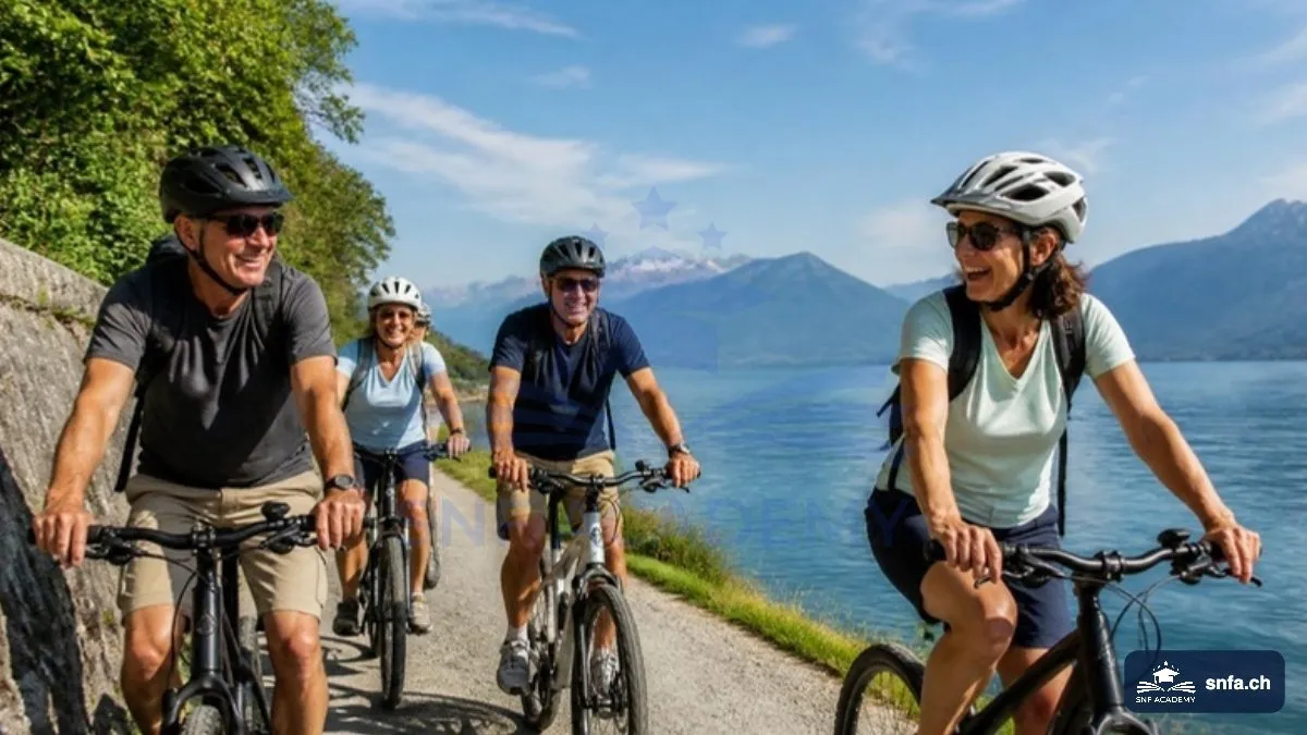 Longevity Lifestyle: Freunde beim gemeinsamen Velofahren am Zürichsee – SNF Academy