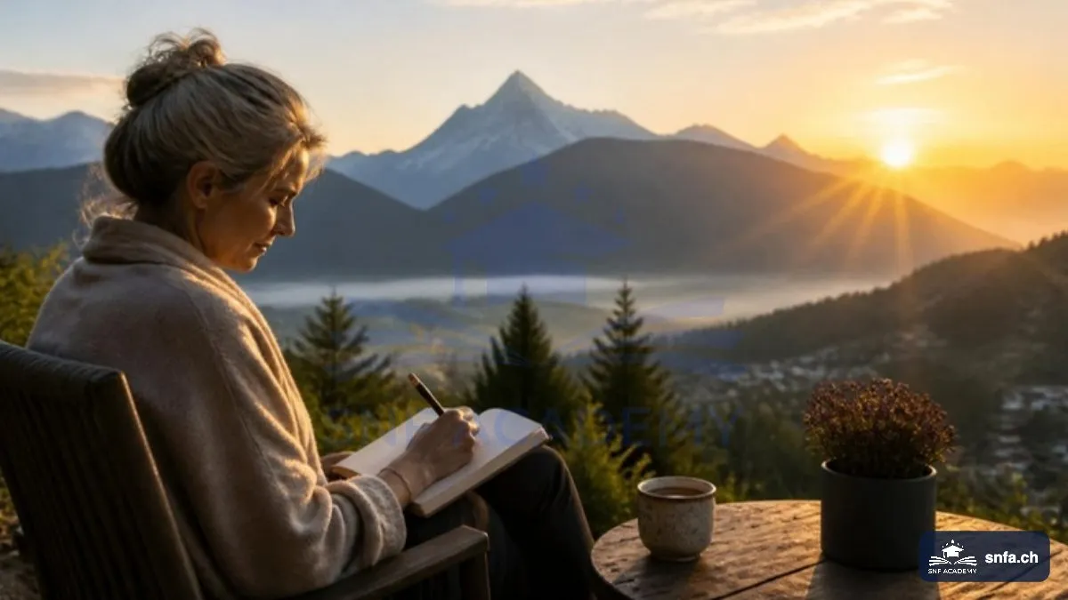 Longevity Mindset: Frau schreibt bei Sonnenaufgang mit Blick auf die Berge in ein Notizbuch – SNF Academy