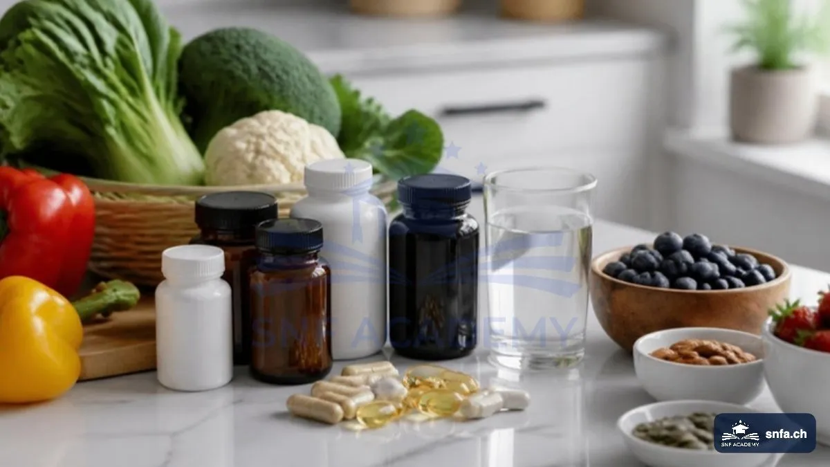 Longevity Supplements: Kapseln und Pulver neben frischen Lebensmitteln – SNF Academy