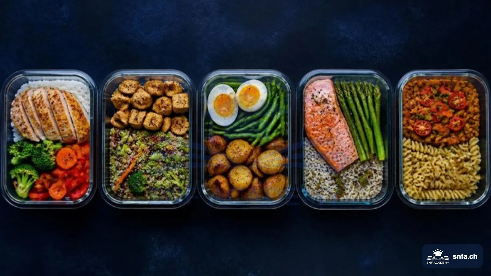 Meal Prep: fünf Glasboxen mit ausgewogenen Mahlzeiten aus Gemüse, Protein und Kohlenhydraten – SNF Academy