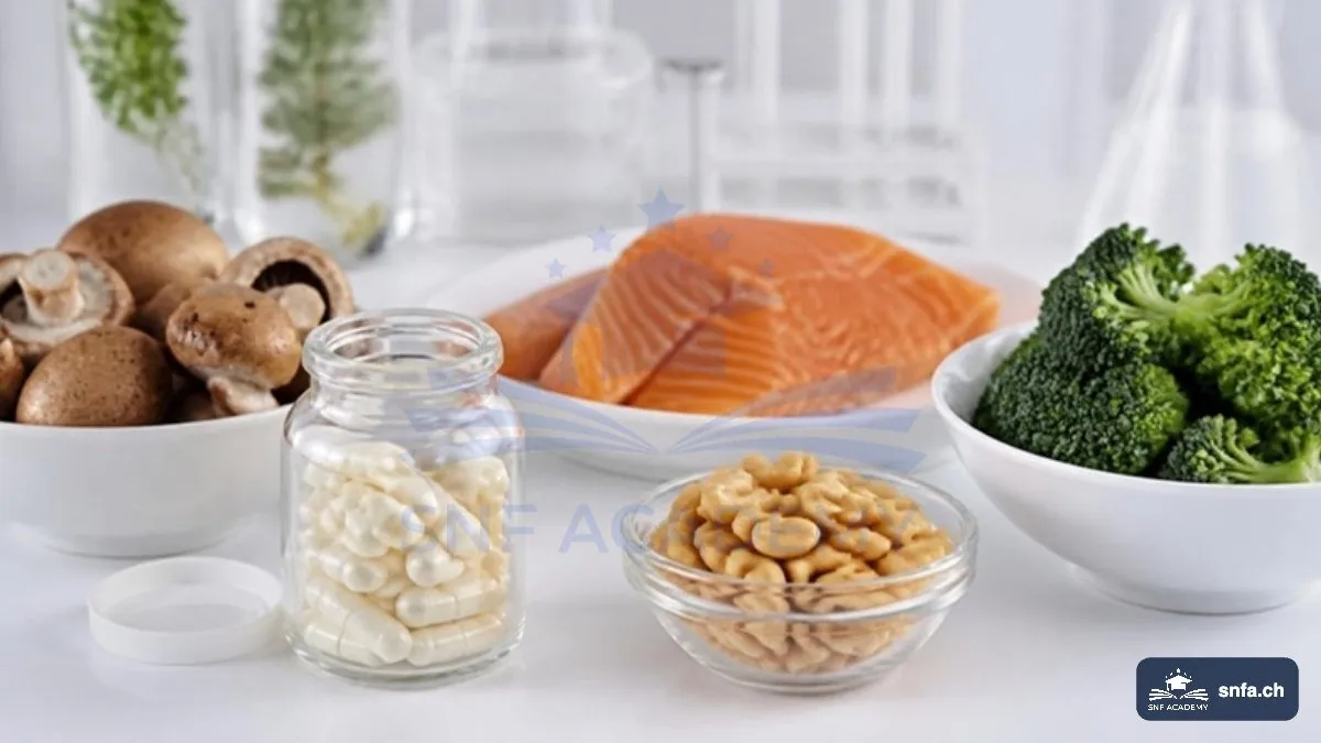 NAD+ Supplement: Kapseln neben einer Schale mit Pilzen, Erdnüssen und Brokkoli – SNF Academy