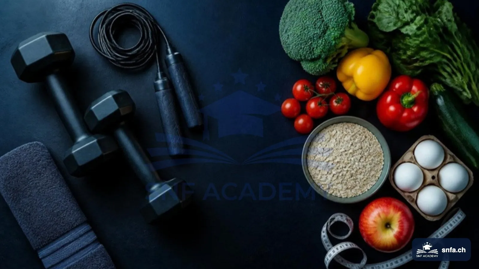 Personal Trainer oder Ernährungscoach: Hanteln und Springseil neben Gemüse, Eiern und Haferflocken – SNF Academy