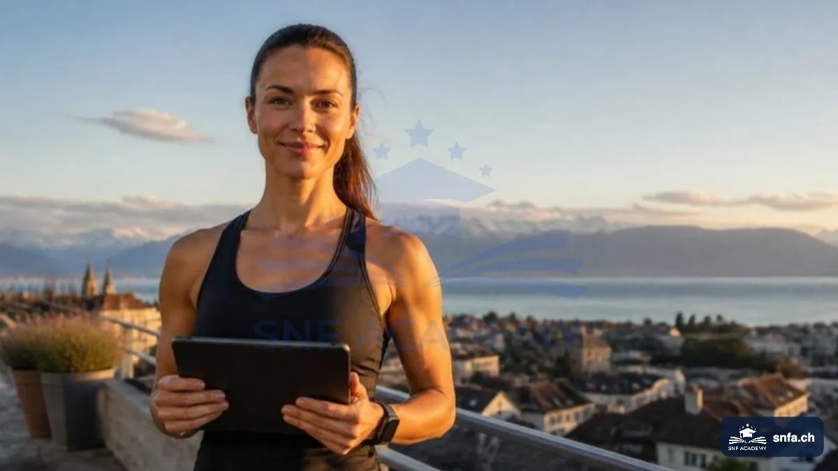 Wo kann man als Personal Trainer arbeiten: Personal Trainerin mit Tablet über einer Schweizer Stadt am See – SNF Academy