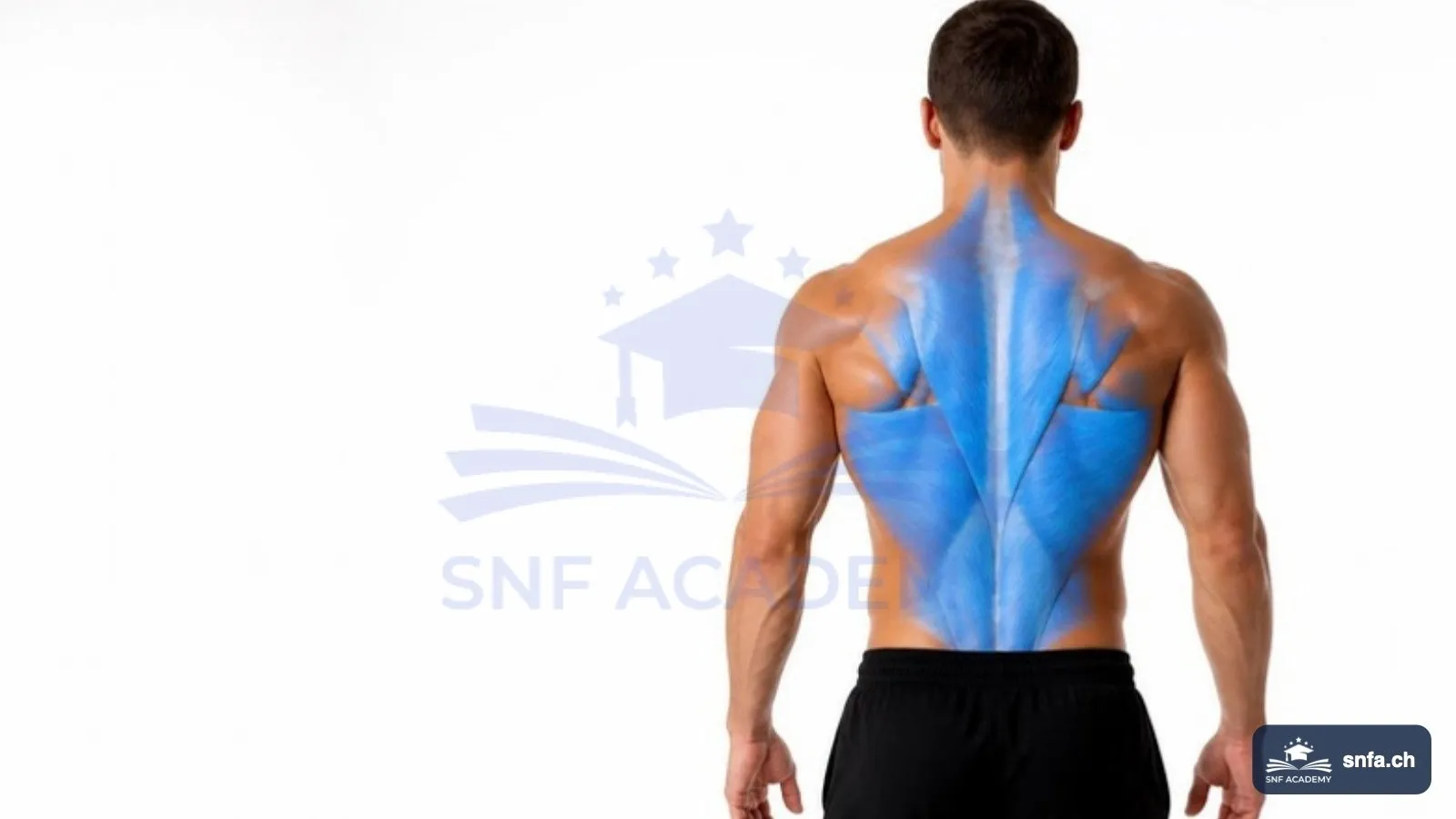 Rückenmuskulatur von hinten: Trapezmuskel, Latissimus und Rückenstrecker blau hervorgehoben – SNF Academy