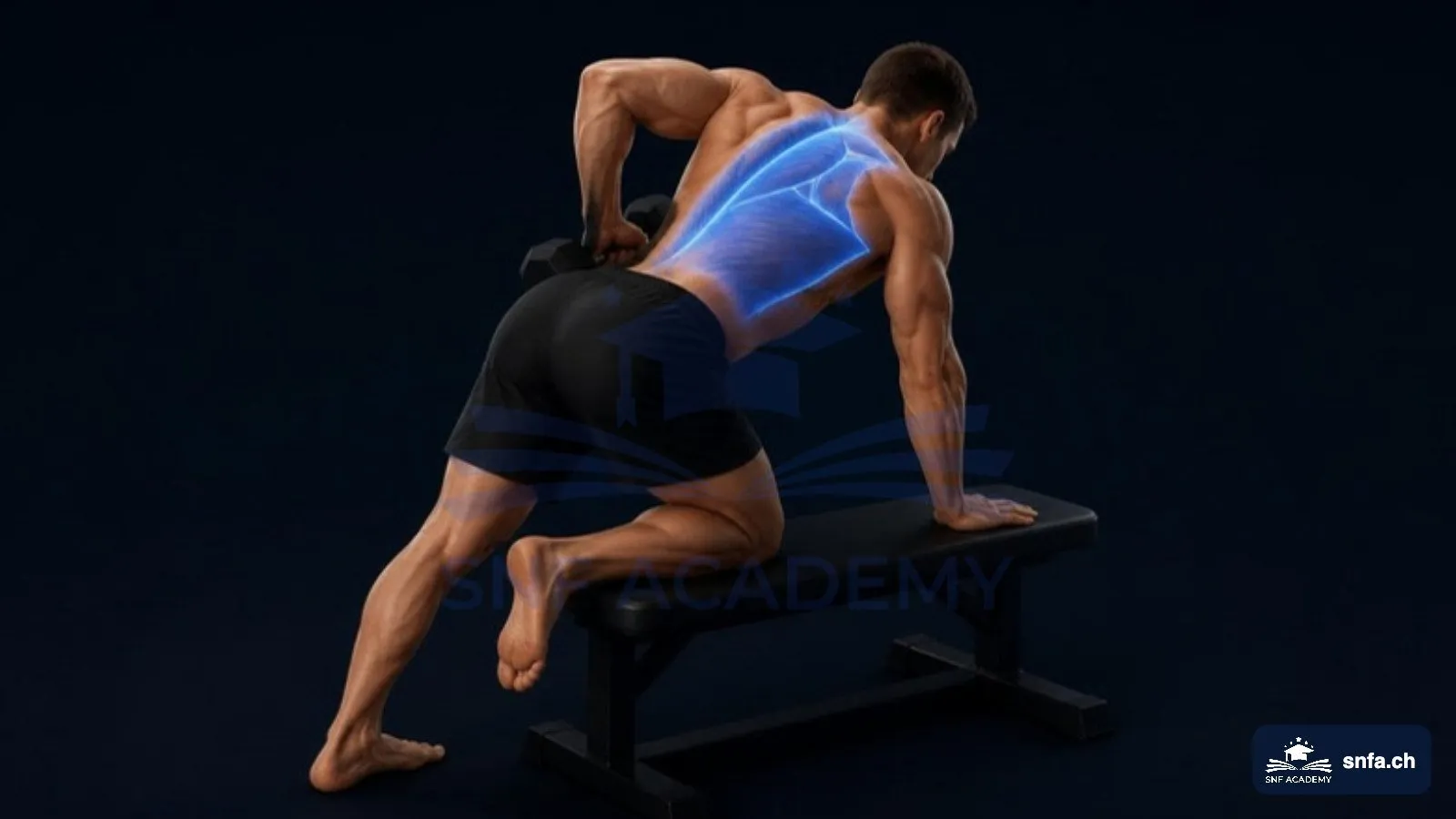Rückenmuskulatur stärken mit Kurzhantelrudern: Latissimus, Rautenmuskeln und Rückenstrecker blau hervorgehoben – SNF Academy