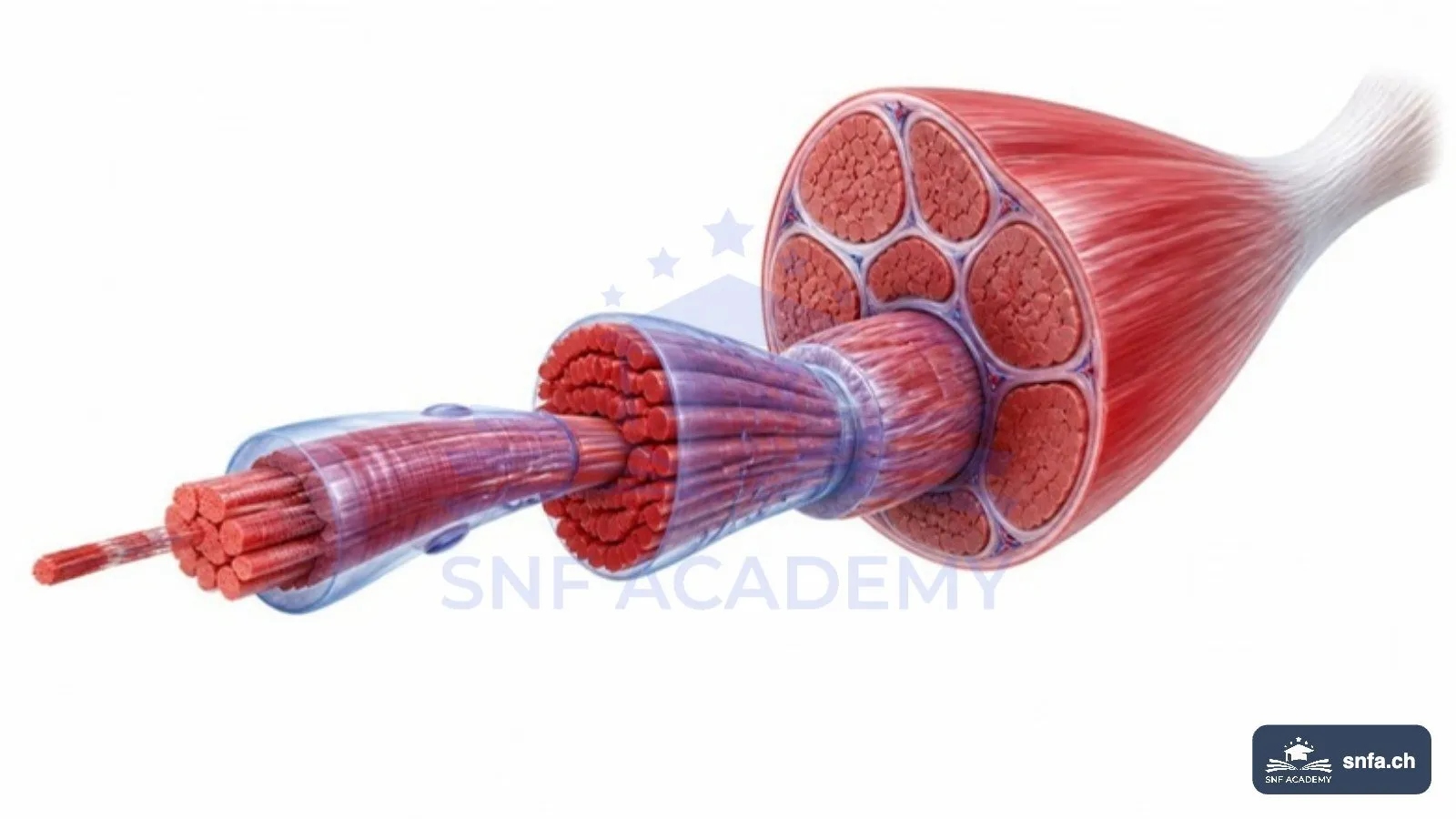 Skelettmuskel im Querschnitt: Aufbau vom Muskelbauch über Faserbündel und Muskelfasern bis zu den Myofibrillen – SNF Academy