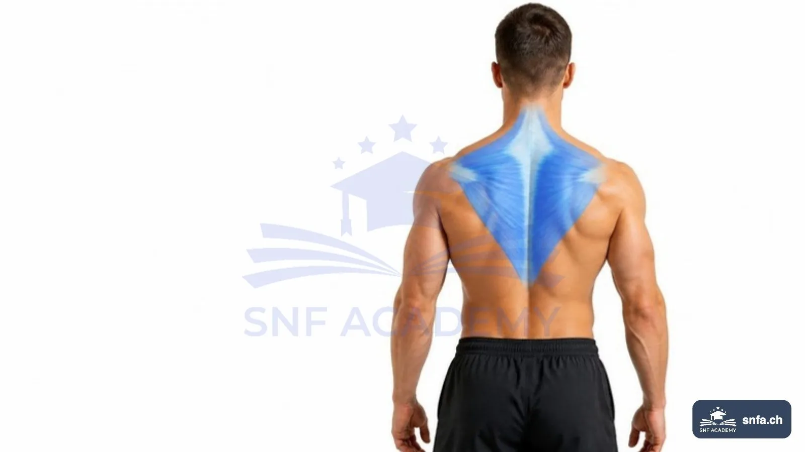 Trapezmuskel von hinten: oberer, mittlerer und unterer Anteil blau hervorgehoben – SNF Academy