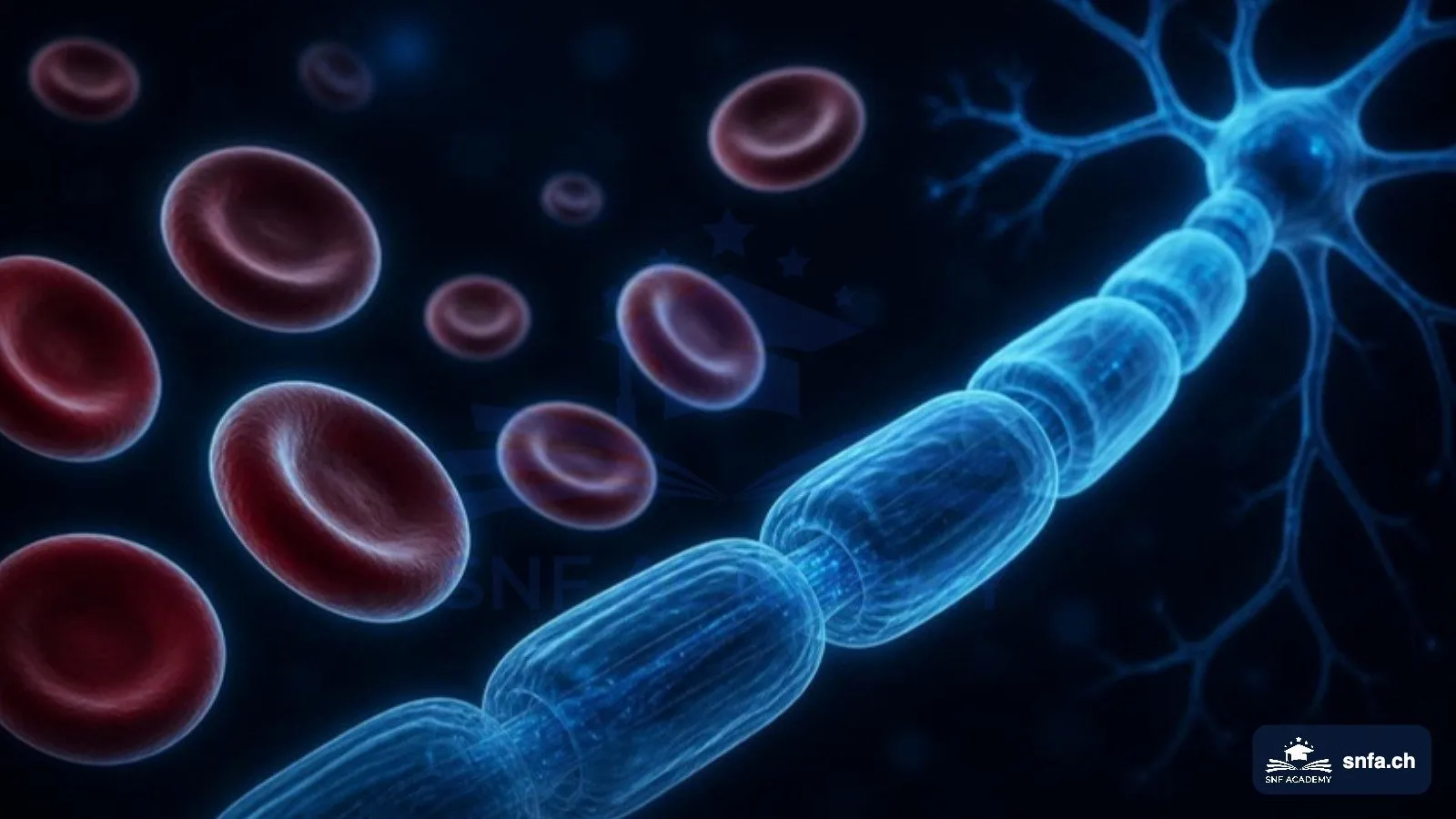 Vitamin B12 Mangel: rote Blutkörperchen und Nervenfaser blau dargestellt – SNF Academy