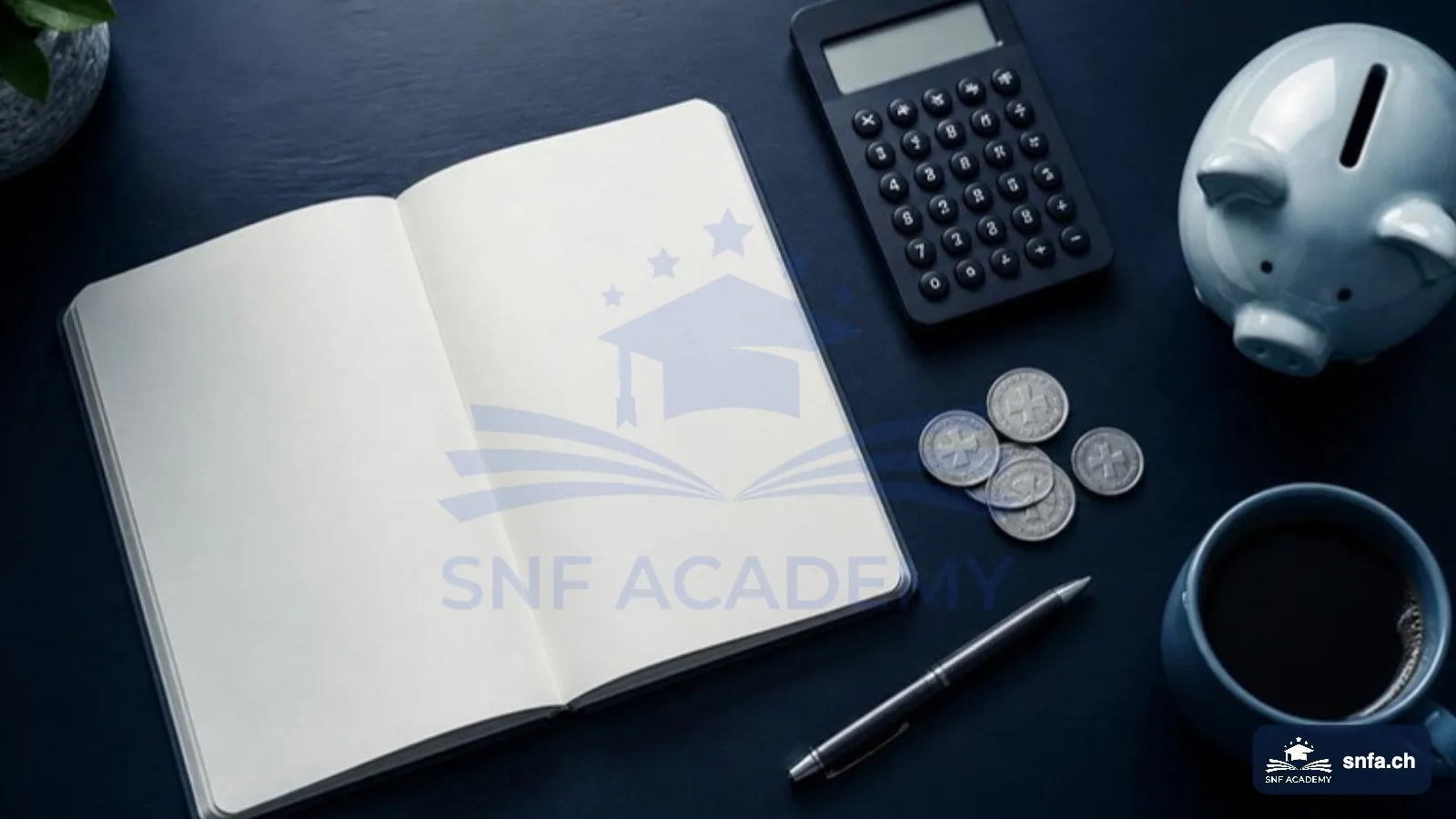 Weiterbildung finanzieren: Notizbuch, Rechner, Sparschwein und Franken-Münzen auf dem Schreibtisch – SNF Academy