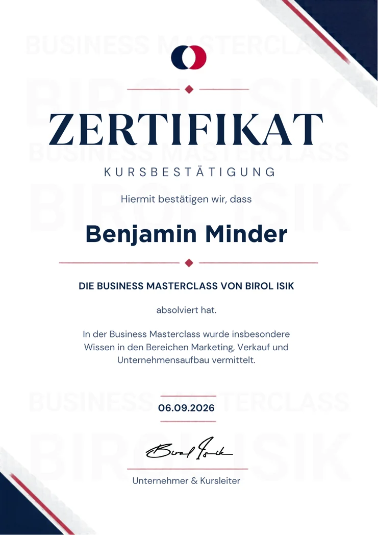 Zertifikat Business Masterclass der SNF Academy (Muster)